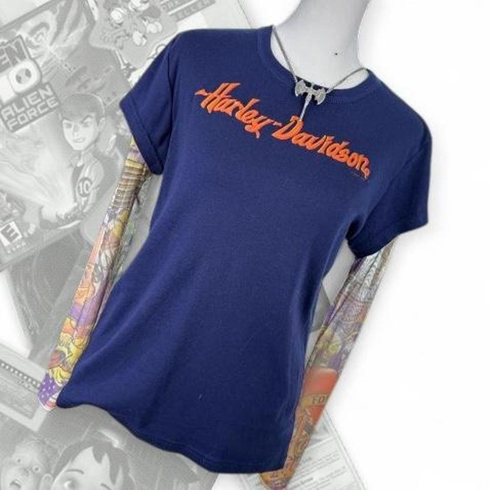 Rare Y2K Navy Blue & Orange Harley Davidson Graphic Biker Top Layered Sleeves